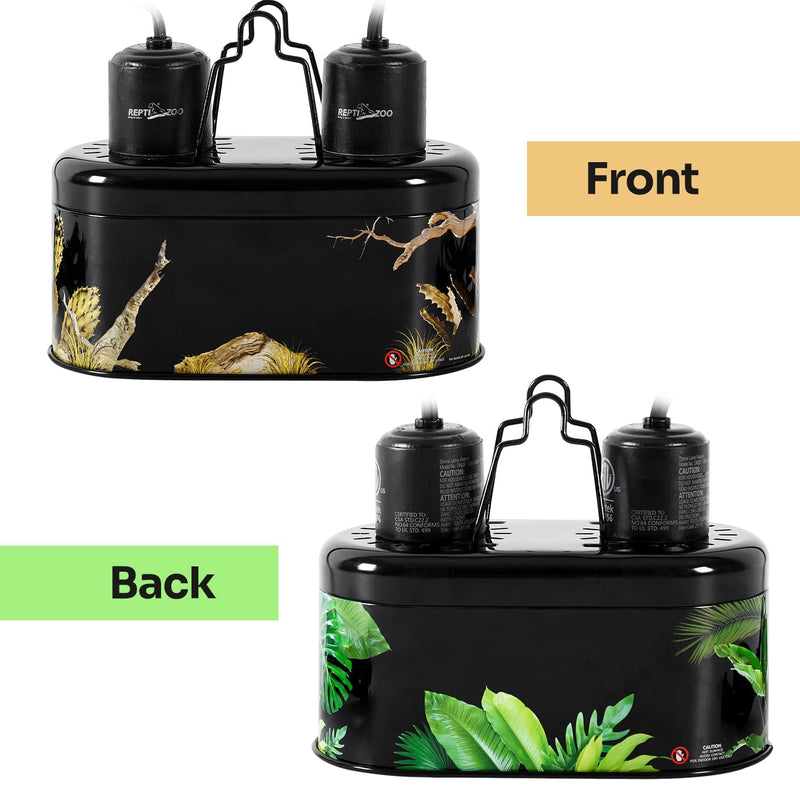 REPTI ZOO Nano Combo Print Tropical Desert Reptile Dual Deep Dome Lamp Fixture for Reptile Max 40 Watts Max Bulb Height 4 in Per Socket UVB Light Fixture Dual Lamp Cap Combo Integration Design - PawsPlanet Australia