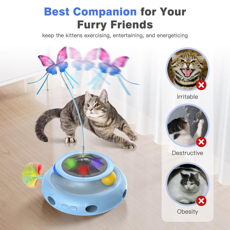 Cat Toys，3 in 1 Interactive Cat Toys for Indoor Cats，Automatic Kitten Toys with Fluttering Butterfly, Track Balls and Random Moving Ambush Feather，Rechargeable Feather Toys (sky blue) sky blue - PawsPlanet Australia
