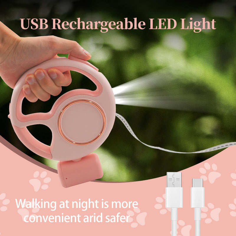 Retractable Dog Leash 4 in 1 with LED Light & Dispenser & Fixed Hanging, 10 ft Heavy Duty Dog Leash Retractable for Medium Large Dogs Up to 90lbs, 360°Tangle-Free, One Button Brake & Lock (Pink) pink - PawsPlanet Australia