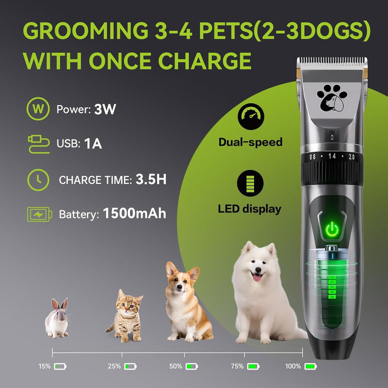 Dog Clippers Cordless, Professional Cat Trimmer, 2-Speed Low Noise Dog Grooming Kit, Pet Trimmer for Small Large Thick Hair Dogs - PawsPlanet Australia