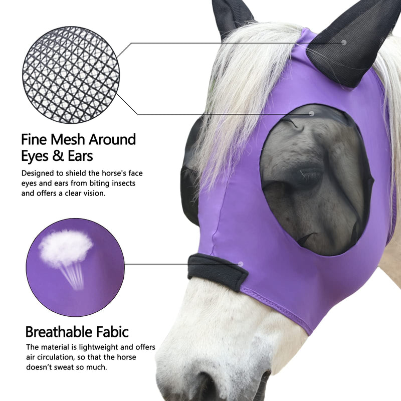Horse Fly Mask, Fly Masks for Horses with Ears, Super Comfort & Stretchy Fitting Lycra Equine Fly Mask Violet Full Violet(A) - PawsPlanet Australia