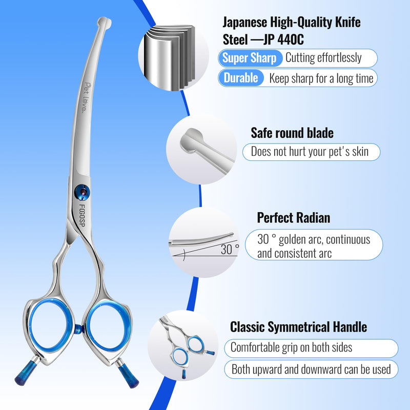Curved Dog Grooming Scissors with Blunt Tip 6.5 in Safety Curve Shears for Pet Dogs Cat Japan 440C 30°Arc Upward & Downward for Trimming Face and Paws Safety Curved 7.0 in - PawsPlanet Australia