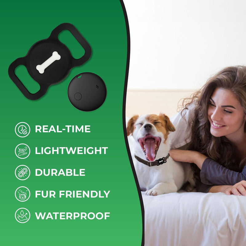 Smart Pet Tracker, Dog Tracker with Black Collar Holder, Smart Tag for Seamless Location Tracking, MFi Certificated, No Monthly Fee, Work with Find My, No GPS Tracker, iOS Only (Black) Round Modern - PawsPlanet Australia