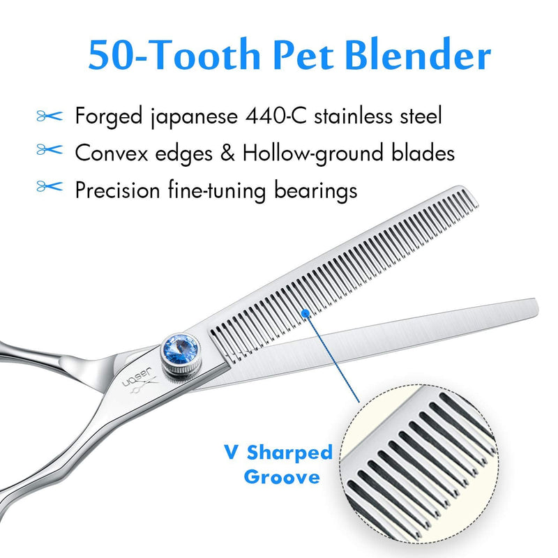 JASON 7" 50 Teeth Thinning Dog Grooming Blending Scissor, Ergonomic Pet Grooming Thinner Blender Shears Cat Trimming Texturizing Kit with Offset Handle and a Jewelled Screw, 30% Thinning Rate 7.0" - PawsPlanet Australia