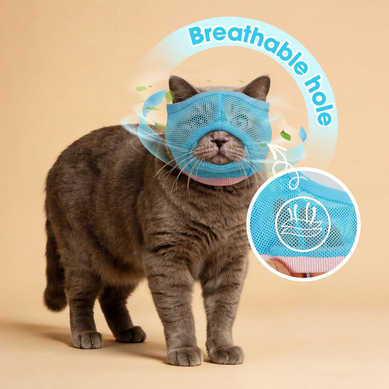 2 Pieces Visible & Breathable Cat Muzzle for Grooming, Anti-Bite Pet Mask with Adjustable Neck Size and Ear-Friendly Design Blue M