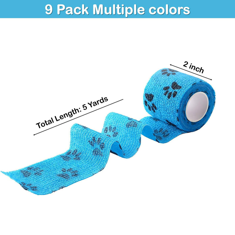 Self Adhesive Bandage Wrap, 9 Pcs 2 inch x 5 Yards, Self-Adhesive Non-Woven Tape, Pet Wrap for Dogs Horses Pet Animals for Wrist Healing Ankle Sprain and Swelling(2 Inch Claw) - PawsPlanet Australia