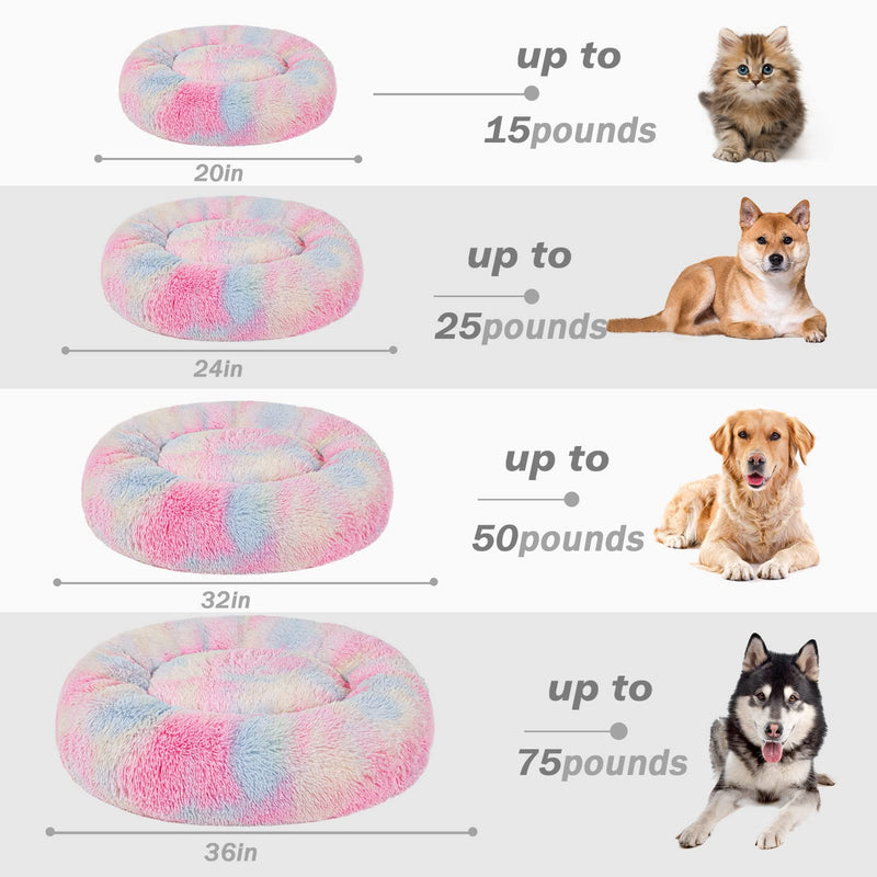 Patas Lague Calming Dog Bed for Medium Dogs, Fluffy Soft Cozy Cat Bed, Faux Fur Anti-Anxiety Plush Washable Pet Donut Cuddler for All Seasons 24IN, Mixed Rainbow M:24x24INCH - PawsPlanet Australia