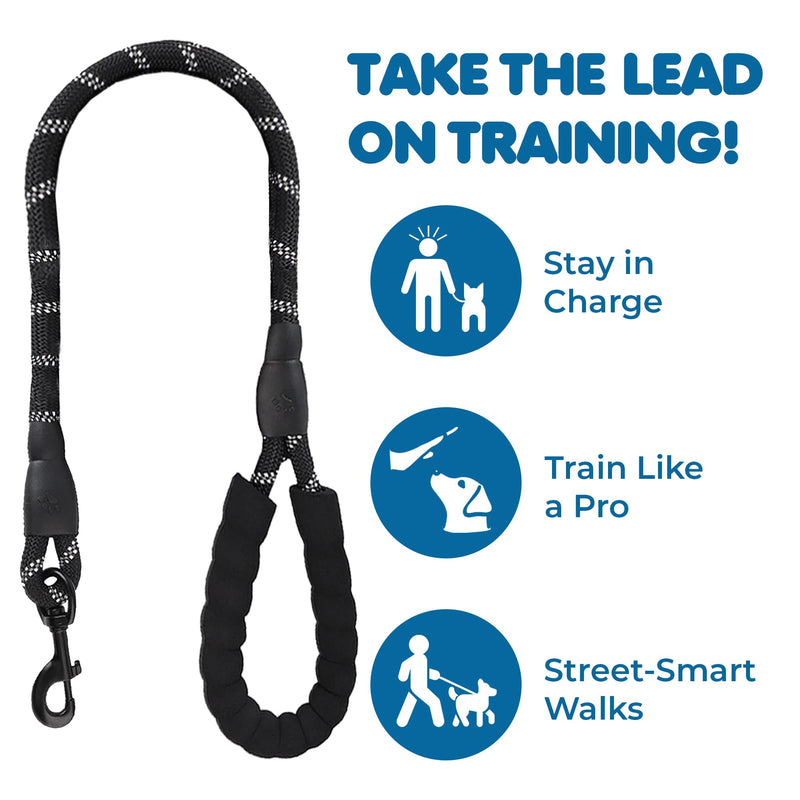 SunGrow 2 ft Nylon Dog Rope Leash, Large Dog Training Tool with Padded Handle & Heavy-Duty Metal Clasp, Reflective, Lightweight & Travel-Friendly for Medium, and Large Dogs, Black - PawsPlanet Australia