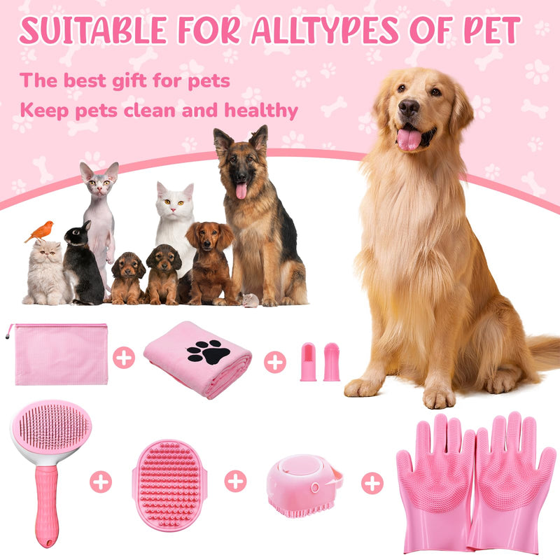 Dog Grooming Kit for Shedding – 8-Piece Pet Grooming Supplies with Deshedding Brush, Bath Gloves, Towels & Silicone Toothbrush | Ideal for Dogs, Cats, Small and Large Pets (Pink) 8 PACK Pink