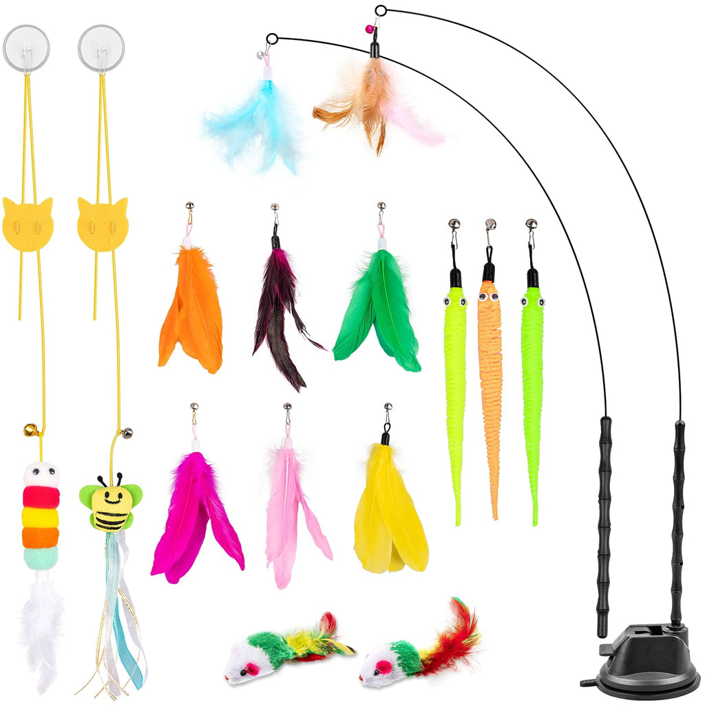 Depets Cat Wand Toy, 15 Pcs Interactive Cat Feather Toys, Cat Teaser Toy for Indoor Cats Self Play, 2 Play Modes Cat Toys Wand, Reusable Suction Cup Cat Toys for Indoor Cats Kittens Play Exercise