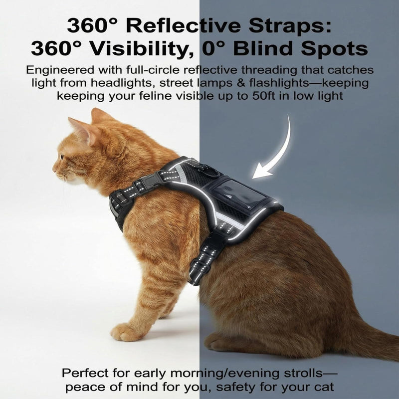 Luxelle Escape-Proof Cat Harness and Leash Set – Adjustable No Pull Soft Vest with 360° Reflective Straps, Built-in Pocket & Wrist Strap, Breathable Mesh Outdoor Harness Black XS