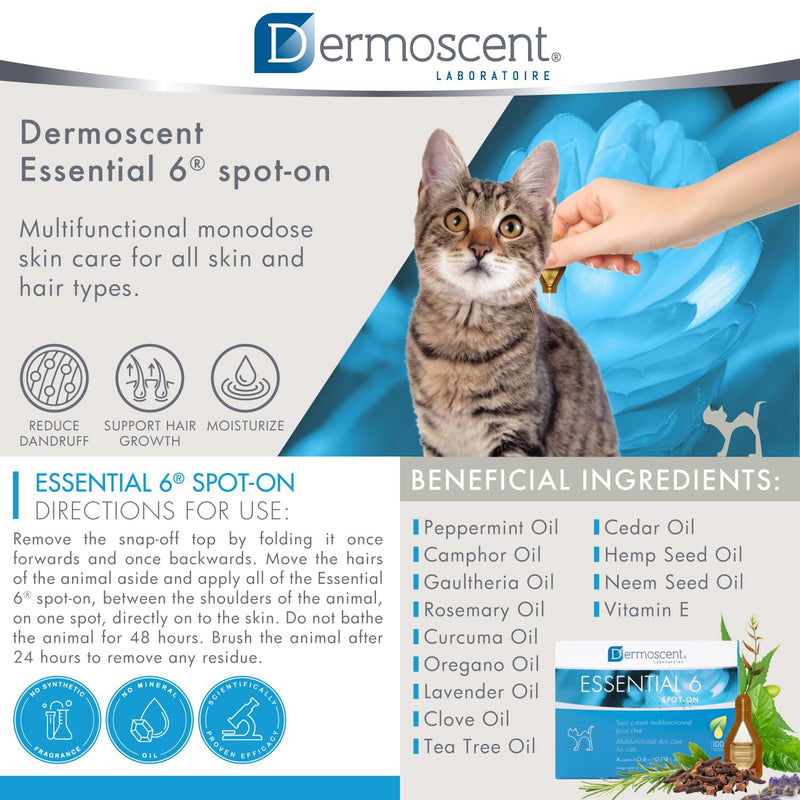 Essential 6 spot-on for Cats - Skin Care for Dandruff Dry or Oily Skin & Hair Loss - Natural Essential Oils & Fatty Acids - Healthy Skin & Coat - 4 Pipettes of 0.6 ml / 0.08 fl. oz