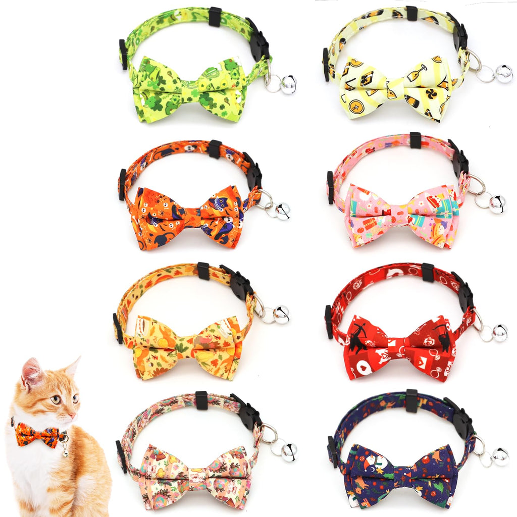 8 Pack Polyester Cat Collars with Bowie Bow, Breakaway Kitten Collars with Removable Bell, Adjustable Cat Collars for Girls Boys Cats, Cartoon Pattern (9-12 inches)