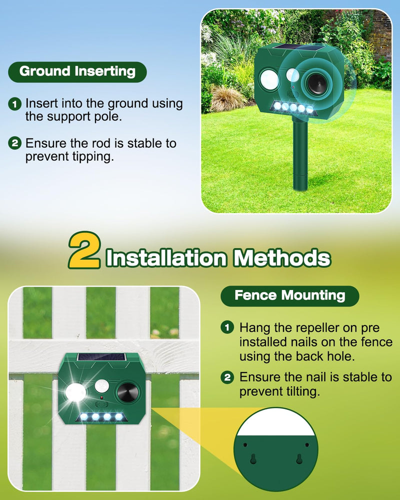 Solar Ultrasonic Animal Repellent Outdoor, 2 Pack Cat Repellent Outdoor Deer Repellent Devices with PIR Motion Sensor ＆ LED Flash, Waterproof Squirrel Repeller, Cat, Raccoons, Rabbits, Deer, Skunk 1 Count (Pack of 2) - PawsPlanet Australia