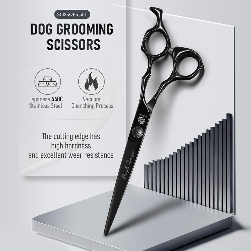 Purple Dragon Dog Grooming Scissors Set - Thinning, Straight, Up & Down Curved Scissors and Comb, 7 Inch Black Shears with Adjustable Screw for Dogs and Cats Thinning Set - PawsPlanet Australia