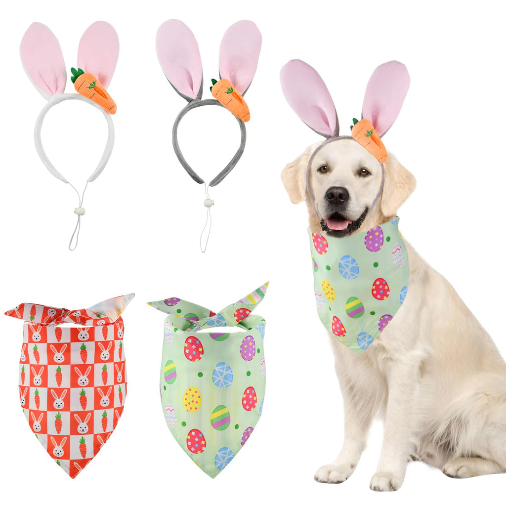 Easter Dog Costumes Set Dog Easter Outfits Bunny Ears Headband with Cute Carrot & Reversible Easter Themed Pattern Bandana Set for Small Middle Large Size Dog (2 Sets) - PawsPlanet Australia