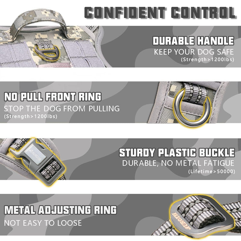 Auroth Tactical Dog Training Harness No Pulling Front Clip Leash Adhesion Reflective K9 Pet Working Vest Easy Control for Small Medium Large Dogs Grey Camo L L(Neck:18-29",Chest:24-37"),45-80 lbs Camo - Grey Camo