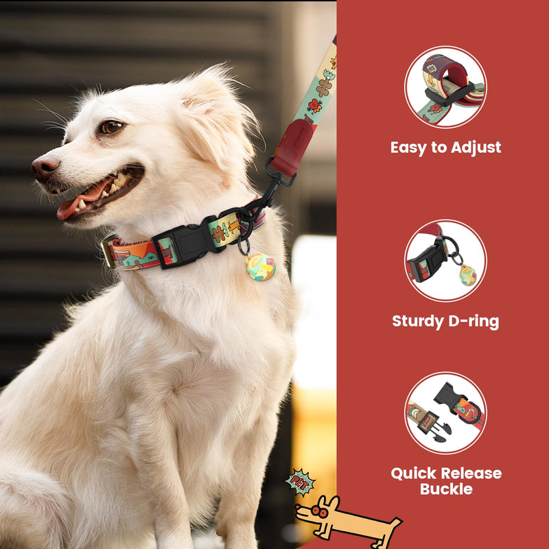 Dog Collar and Leash Set with Smart ID Tag – Adjustable Soft Padded Heavy Duty Comfortable Collar and Leash Set with Cute Pop Art Doodle Design for Small Medium Large Dogs (Red, Small) Sunrise Red S (Neck 11.02-16.93'',Width 0.59'' ) - PawsPlanet Australia