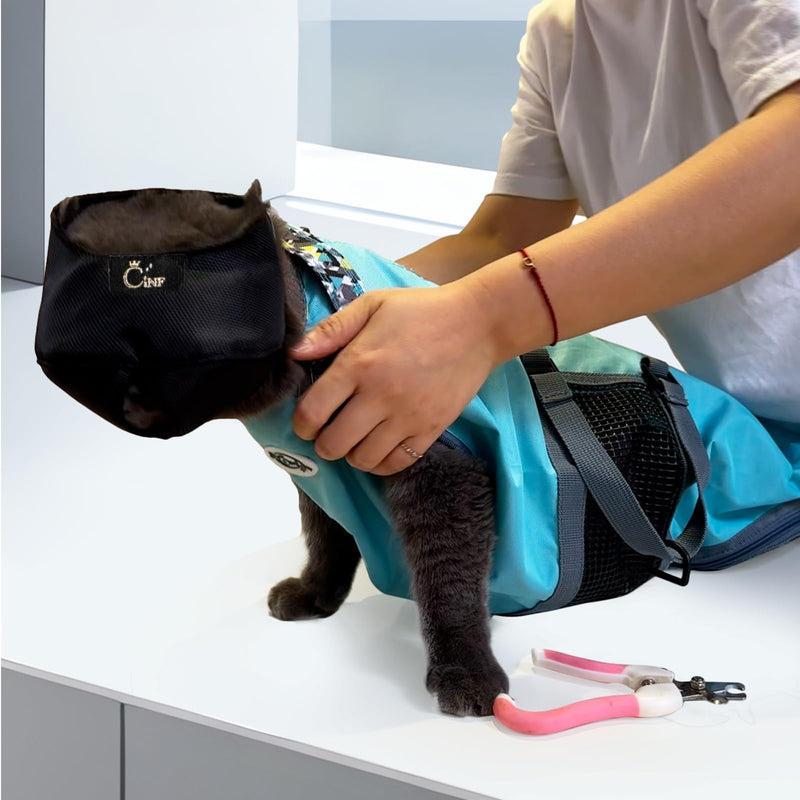 Cinf Cat Nail Clipping Cleaning Grooming Restraint Bag (Free Muzzle) Set No Scratching Biting for Bathing Nail Trimming Injecting Examining(Blue,L) L Size–Fits large breed cats (12–18 lbs) Blue - PawsPlanet Australia