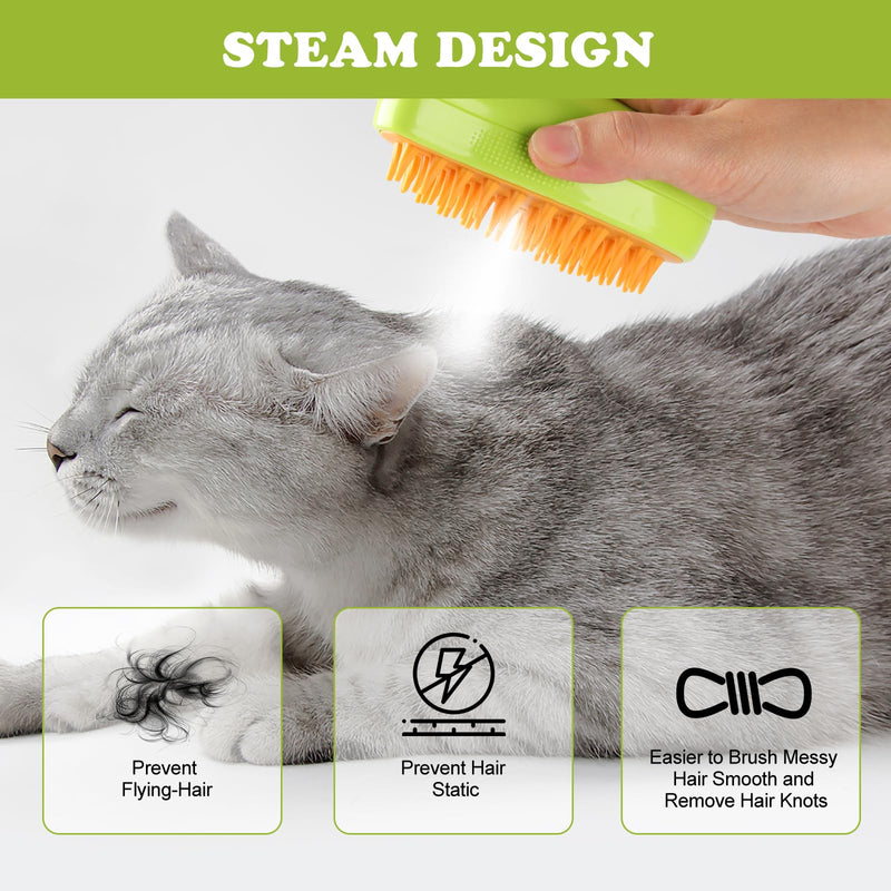 Steam Brush for Cats Shedding, 3 in 1 Steamy Water Pet Hair Removal Comb with Steamer, Spritz Comb for Dog, Indoor Cat Spray Mist Grooming Defur Brush, Cepillo Vapor Gato Perro, Steaming Cleaning Spa Green