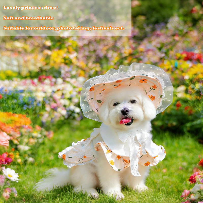 2 Pcs Pet Floral Dress and Lace Sunhat, Summer Skirt with Laces for Dog, Cute Bowknot Dresses for Cat, for Birthday Party and Outdoor Travel (Orange, Medium) Orange Small