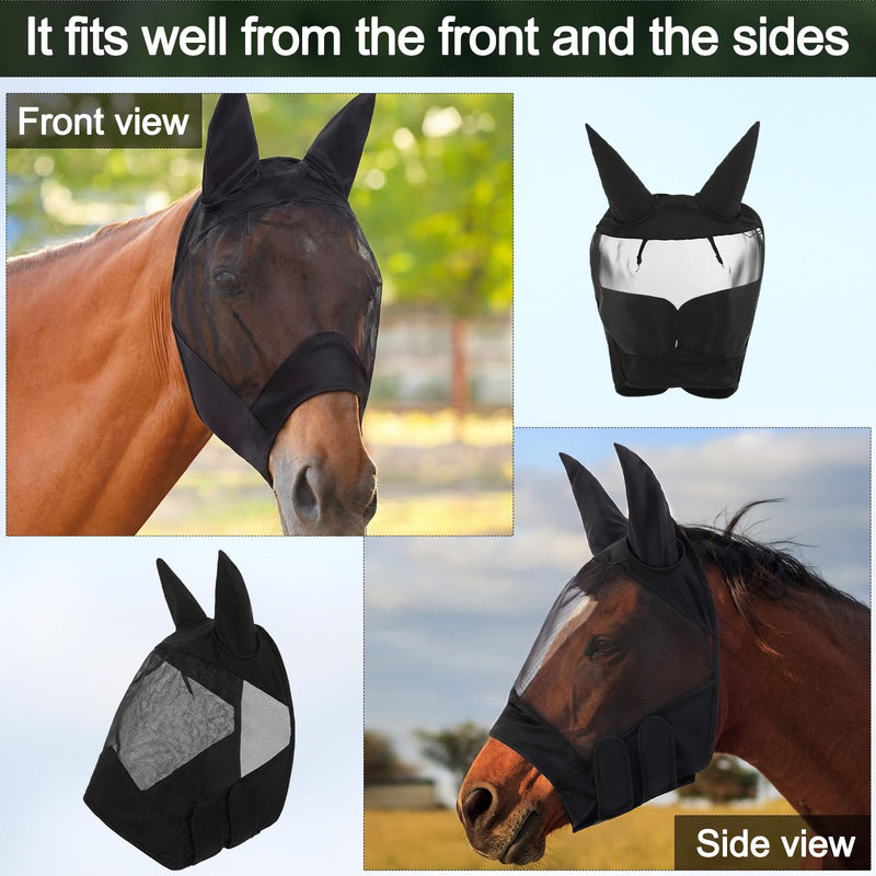 3 Pcs Derby Day Black Mesh Horse Fly Mask with Long Nose and Ears Derby Horse Accessories Smooth Elasticity Fly Mask with UV Protection for Racing Festival Competition