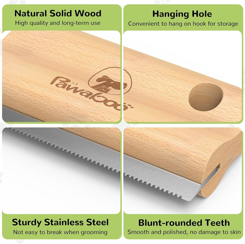 Pawaboo Deshedding Brush for Dogs & Cats, Dog Hair Removal Comb with Ergonomic Gripping, Wooden Grooming Shedding Brush for Short Hair Dogs and Cats, Hangable Pet Cleaning Comb Supplies, 5.1 Inch Short Teeth - PawsPlanet Australia