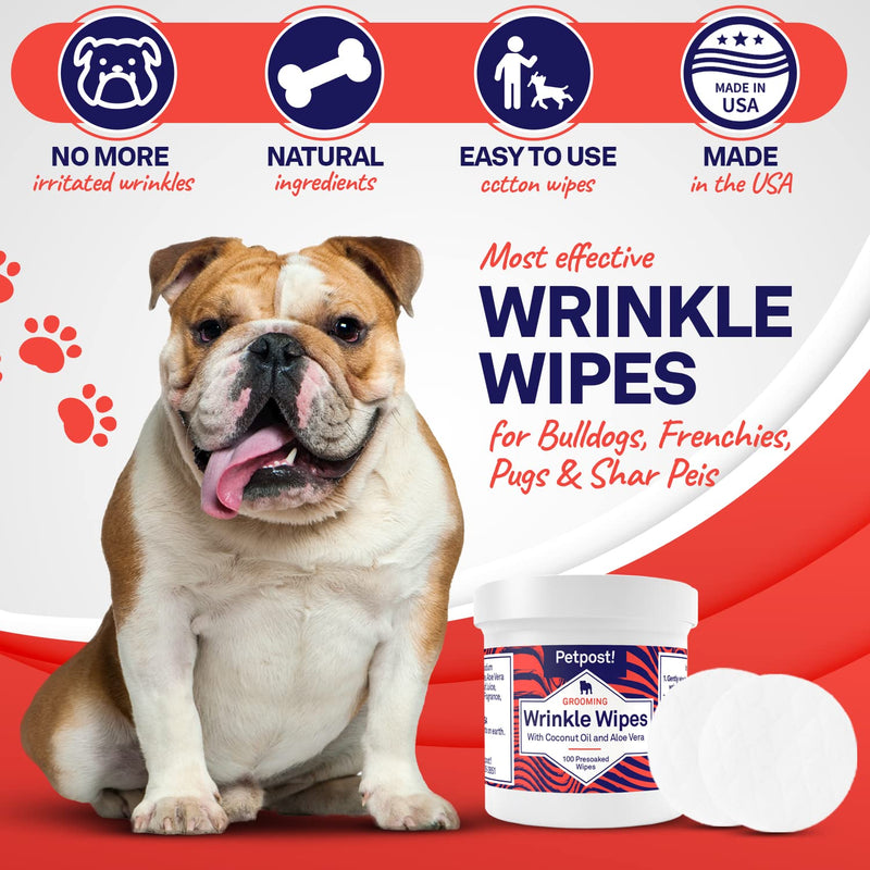 Petpost | Bulldog Wrinkle Wipes for Dogs - Cleans and Soothes Pug Wrinkles and Folds - Ultra Soft Cotton Pads in Coconut Oil Solution 100 ct. 100 ct.