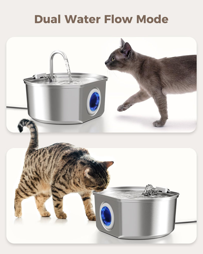 Cat Water Fountain Stainless Steel: 108oz/3.2L Cat Fountain for Drinking- Pet Water Fountain for Cats Inside - Automatic Cat Water Dispenser Bowl - Cat Feeding & Watering Supplies - Water Level Window Cat Fountain + 1 Filter + 1 Sponges - PawsPlanet Australia