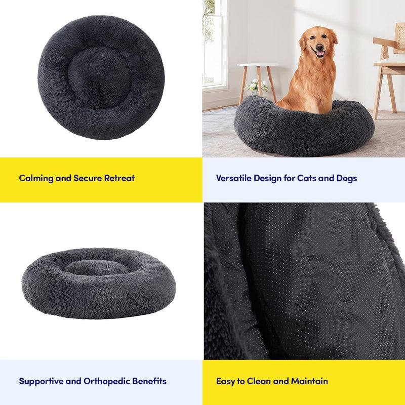 Dog & Cat Bed: Round Faux Fur Pet Bed - Plush, Cozy, & Calming Donut Bed for Large Pets - Soft & Comfortable Sleeping Cushion for Napping & Lounging, 30" Round, Dark Gray - PawsPlanet Australia