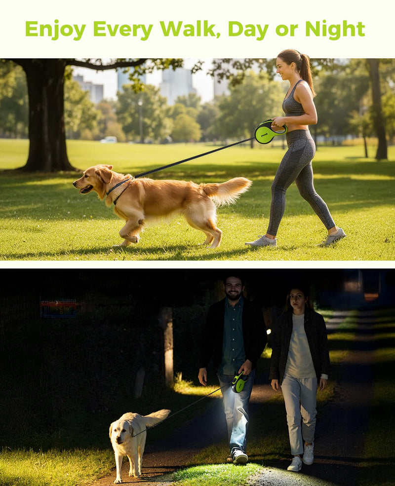 Retractable Dog Leash with Flashlight, 26ft Heavy Duty Retractable Pet Leash with Light, One-Button Control, Anti-Twist Protection, Reflective Leashes for Medium Large Pets Dogs Up to 110 lbs Green with LED light Large-26ft - PawsPlanet Australia