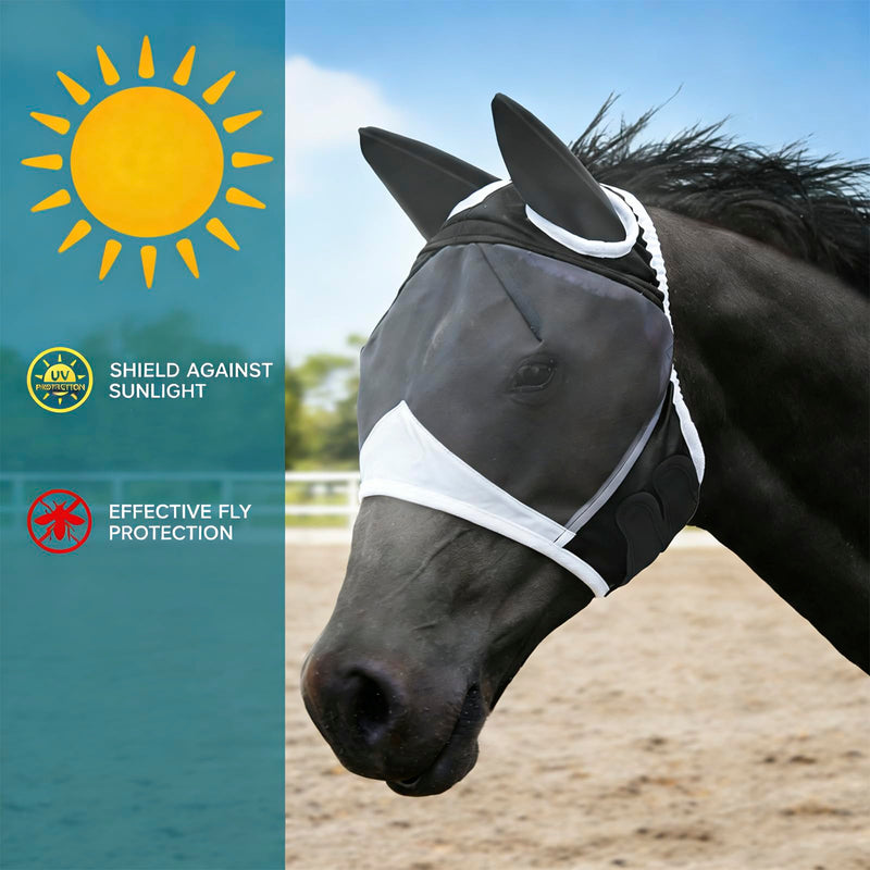 Fly Mask with Ears for Horses Soft Stretchy Mesh Horse Face Cover, Breathable Eye Protection Fly Masks UV Protective Horse Supplies (Black, L) Black 1pcs