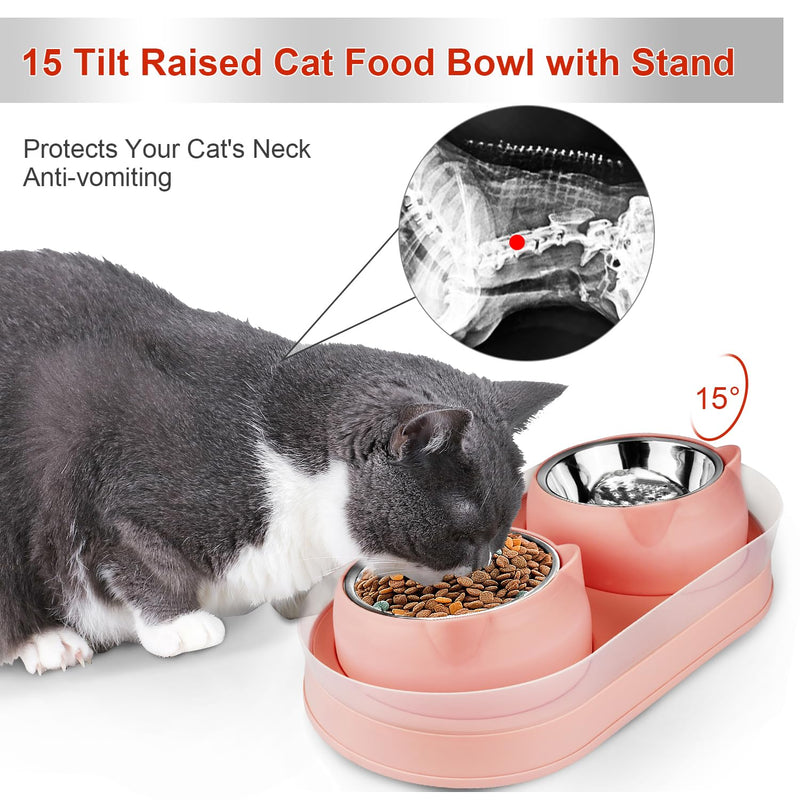 Elevated Cat Food Bowls, Raised Cat Bowl with Stand Stainless Steel, Tilted Cat Bowls Anti Vomiting, Double Cat Food and Water Bowl Set for Cats (Pink) Pink - PawsPlanet Australia