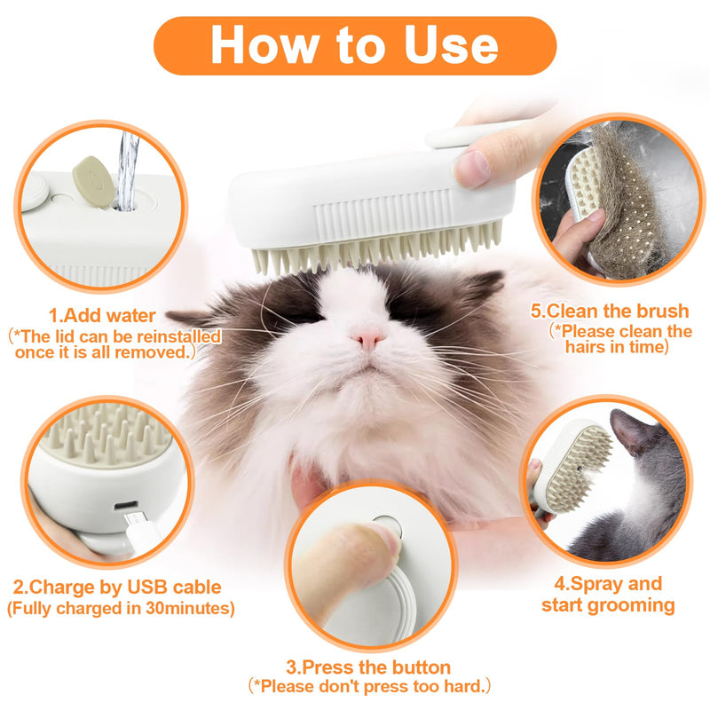 Nepfaivy Cat Steam Brush for Shedding - Steam Cat Brush for Indoor Cats, Rechargeable Steaming Pet Mist Water Steamer for Indoor Kitten, Pet Spray Hair Removal Comb for Massage, Spritz Defur Comb WhiteFoldable - PawsPlanet Australia