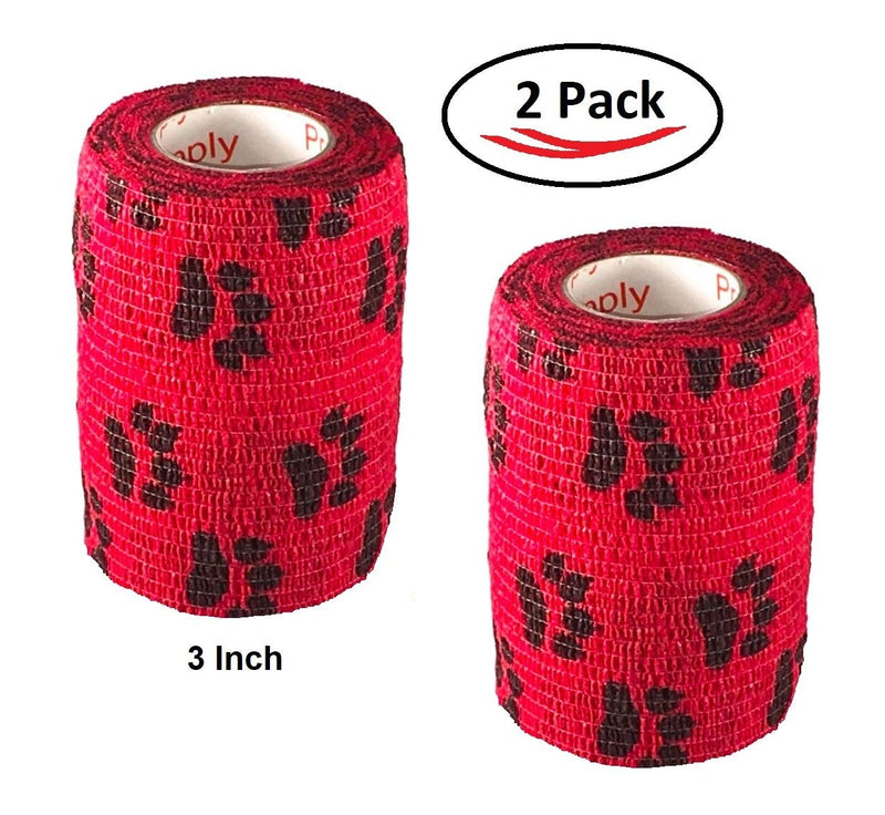Vet Wrap Wrap Tape (Red with Paw Prints) (2 Pack) (3 Inch x 15 feet) Self Adhesive Adherent Adhering Cohesive Flex Self Stick Bandage Grip Roll Dog Cat Pet Horse 2 Rolls Red With Black Paws - PawsPlanet Australia