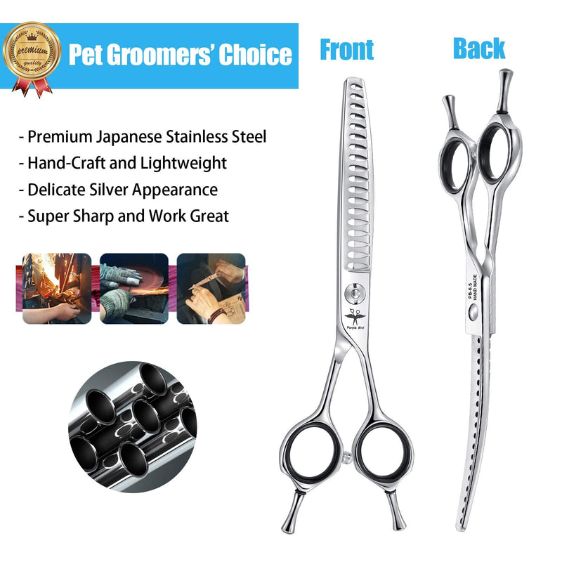 PURPLEBIRD 6.5 Inch Downward Curved Dog Grooming Scissors Pet Chunker Shears Professional Safety Blunt Tip Trimming Shearing for Dogs Cats Face Paws Limbs Japanese Stainless Steel Silver 6.5"curvedChunker - PawsPlanet Australia