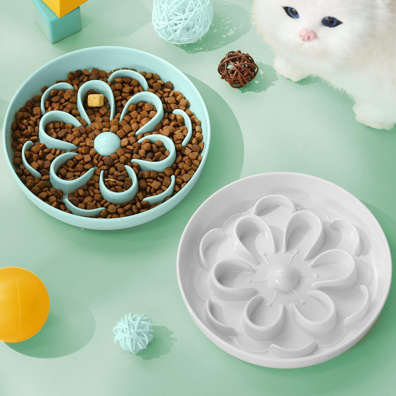 2 Pcs Cat Slow Feeder Bowl Cute Cat Food Bowl with Bloom Design Healthy Eating Diet Cat Food Bowl Interactive Cat Feeder Wet Pet Bowls Dish for Cats and Small Dogs (White, Green) White, Green - PawsPlanet Australia