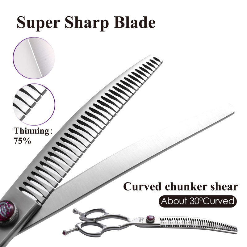Fenice Peak 8.0‘’ Curved Chunker Dog Grooming Scissors with Purple Flashing Screw Professional 440C Stainless Steel Natural Color Pet Trimming Shears with Offset Handle Durable and Sharp 8'' - PawsPlanet Australia