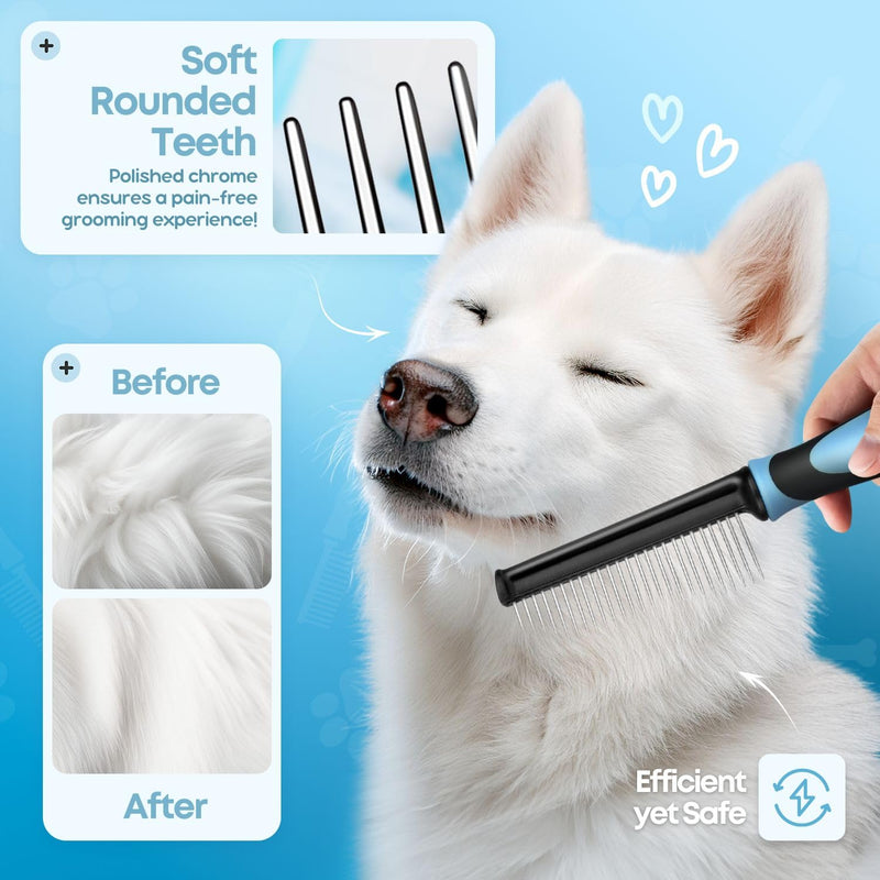 Flexzion Metal Pet Comb for Cats & Dogs - Sturdy Stainless Steel Rounded Teeth with Non-Slip Soft Grip Handle Easy to Use Grooming Detangling Cat Combs for Indoor Cats, Blue - PawsPlanet Australia