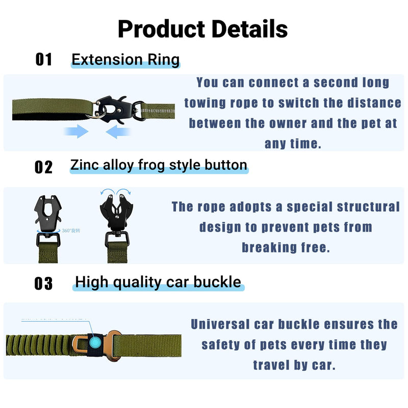 2PCS Tactical Dog Leash Heavy Duty, 20-25Inch Bungee Dog Leash, Training Walking Bungee Lead with Heavy Duty Frog Clip Car Seatbelt for Medium Large Dogs Training Walking (Black, Green) Black, Green - PawsPlanet Australia