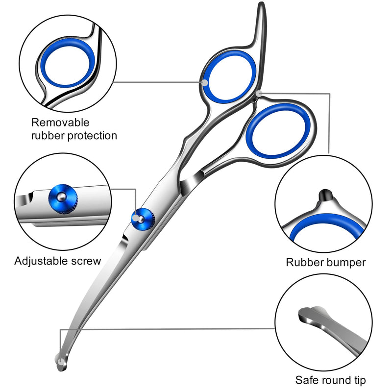 Dog Grooming Scissors with Safety Round Tip,Professional Dog Grooming Kit,Dog Hair Shears Set,Incude Thinning、 Curved、Straight Scissors and Comb.Suitable for The Right Hand Blue 5 in 1 - PawsPlanet Australia