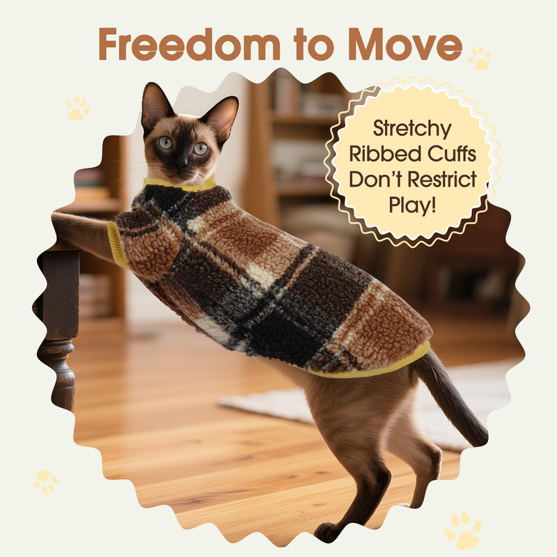 DENTRUN Cat Sweater Winter Clothes - Plush Fleece Coat with Cotton Lining, Anti-Static, Front Legs Kitten Pajamas, Stretch Ribbed Cuffs for Warmth, Cozy Christmas Outfit for Small Medium Large Cats X-Large Yellow Plaid - PawsPlanet Australia