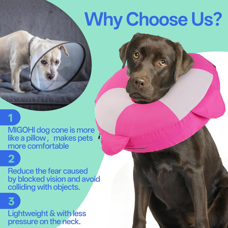 MIGOHI Soft Dog Pillow Donut Collar - Inflatable Alternative to Plastic Cone After Surgery,Adjustable Recovery E-Collar for Medium Dogs, Prevents Licking, Post-Surgical Spay Care(Large, Rosepink) L