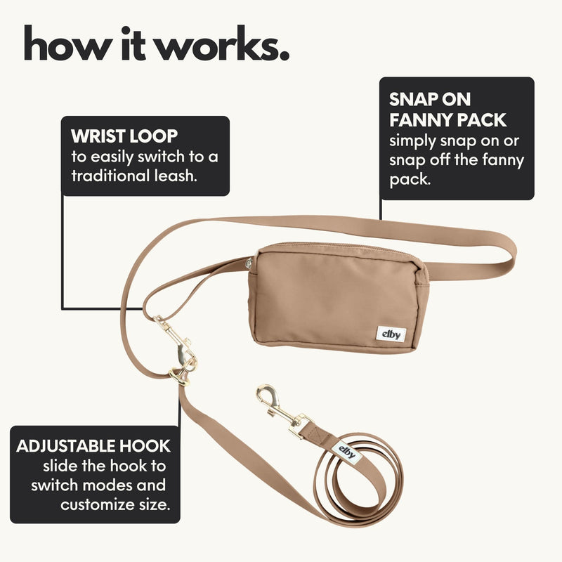 elby - Hands Free Dog Leash with Treat Pouch - Dog Walking Accessories - Dog Training Leash with Fanny Pack - Dog Accessories and Walking Essentials - Medium and Large Dogs (Dark Beige, Regular) Dark Beige - PawsPlanet Australia