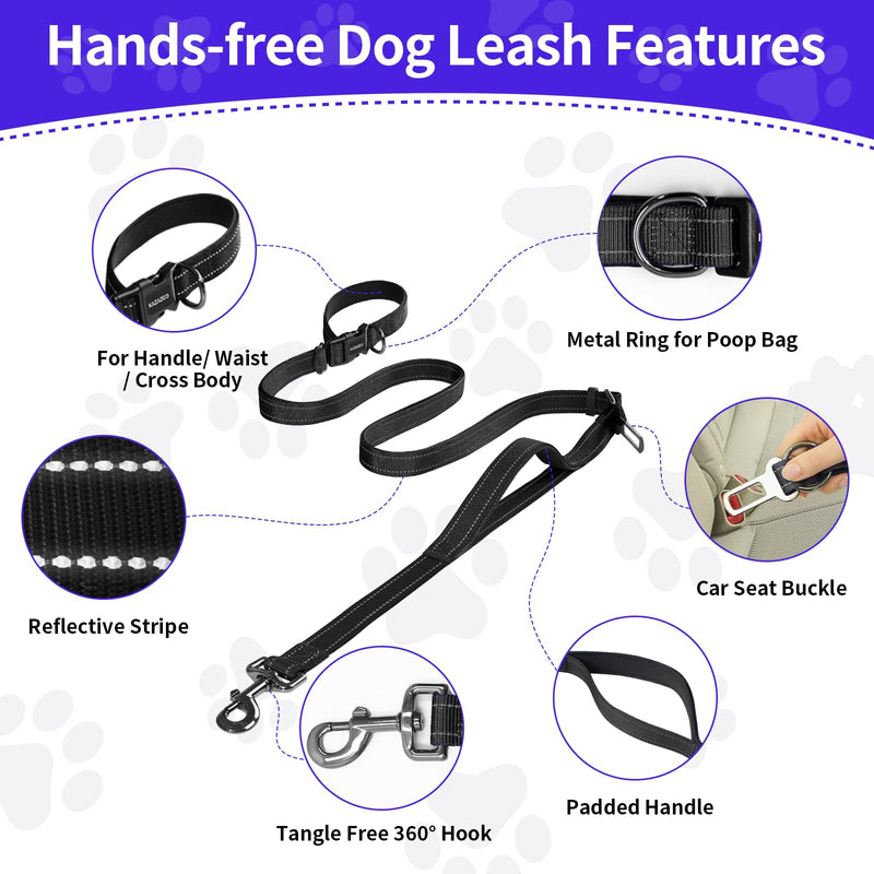 Hands-Free Dog Leash with Adjustable Length 6-9FT + Dual Padded Handles Reflective Safety for Walking, Jogging & Training | Suitable for Medium to Large Dogs & Puppies Black-L L - PawsPlanet Australia