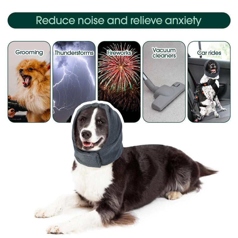 Kuoser Dog Calming Hood for Noise Anxiety Relief – Adjustable Velcro Ear Protector & Muff for Grooming, Fireworks & Thunder (Grey, Size L) Large Grey