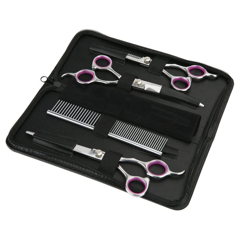 GEMEK Pet Cat Dog Grooming Scissors Set 4 Pieces Stainless Steel Professional Pet Trimmer Kit - 7.5 inch Straight Cutting, Thinning Shears, Curved, Grooming Combs Pink 5 in 1 - PawsPlanet Australia