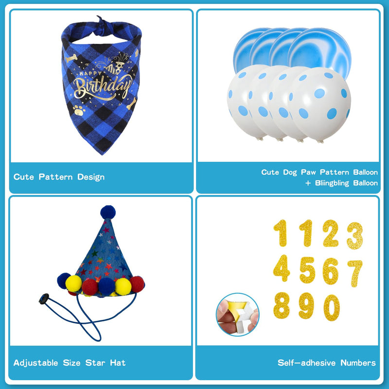 Dog Birthday Decorations Boy, Dog Birthday Bandana Blue Dog Birthday Hat with Numbers, Dog Birthday Banner HAPPY BIRTHDAY and LETS PAWTY Balloons for Dogs Birthday Party Supplies for Cat Dog Birthday Boy Outfit - PawsPlanet Australia