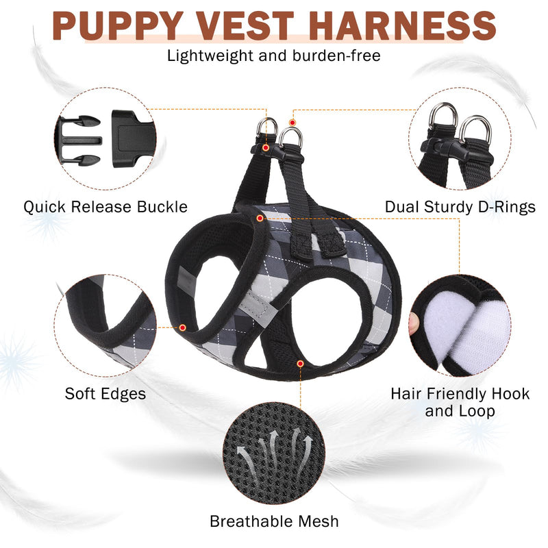 SCENEREAL Small Dog Harness and Leash Collar Set, Step in No Pull Soft Mesh Dog Harnesses for Small Medium Sized Dogs Puppy and Cats Outdoor Walking, No Chock Reflective Vest Harness, Black Plaid S S: Chest Girth: 14.5"-16" - PawsPlanet Australia