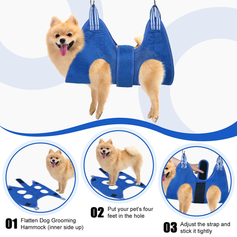 Upgraded Pet Grooming Hammock, Dog Grooming Harness Kit with Adjustable Velcro, Grooming Kit for Dog Cat Bathing, Grooming, Nail Trimming, Claw Care (Blue, S) Blue